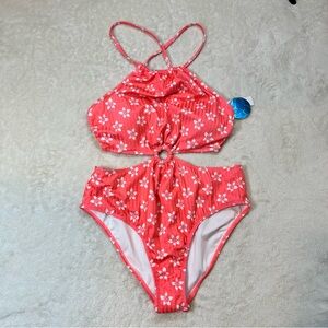 Decree Retro Boho Floral Coral Pink Cut Out Swimsuit Halter Neck Cheeky Beach